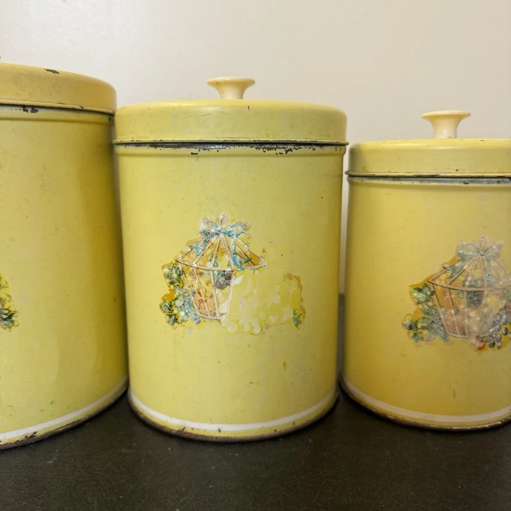 Vintage Yellow Metal Kitchen Canister Set Cottagecore Shaby Country 4 Piece Shan